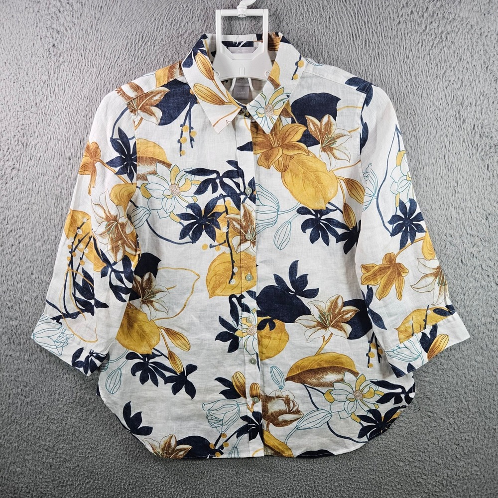 Chico's Linen Blend‎ Floral Print Button Up Shirt Women Size 1 Classic Fit